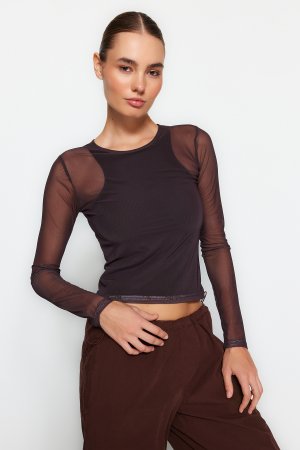 Блузка на приталенной подкладке, коричневый Trendyol