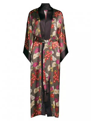 Длинный шелковый атласный халат Agathe с поясом и цветочным принтом , шоколад Josie Natori