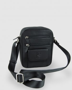 Черная кожаная сумка через плечо с двумя внешними молниями , черный Pierre Cardin
