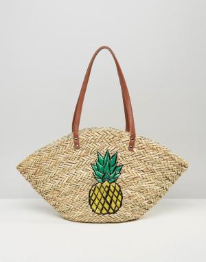 Плетеная пляжная сумка с ананасом Chateau. Цвет: бежевый
