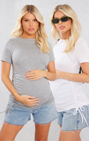 Разноцветная бело-серая меланжевая футболка для беременных со сборками и швами PrettyLittleThing