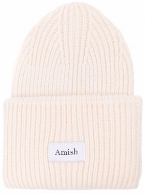 Ribbed-knit logo-pach beanie AMISH. Цвет: белый