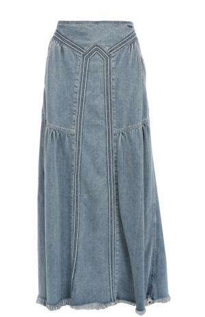 Джинсовая юбка-макси с карманами и бахромой Chloé. Цвет: голубой