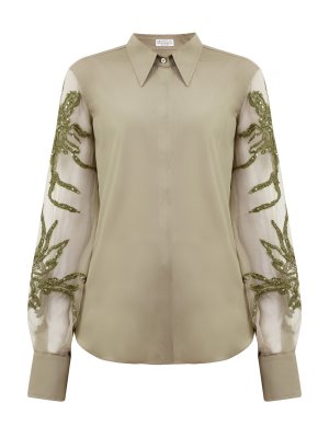 Блуза из хлопка и органзы с вышивкой Marine Flower BRUNELLO CUCINELLI. Цвет: зеленый