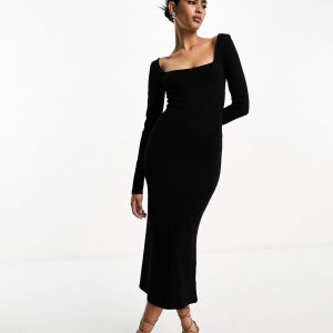 Платье Design Square Neck Softline Long Sleeve Midi, черный Asos