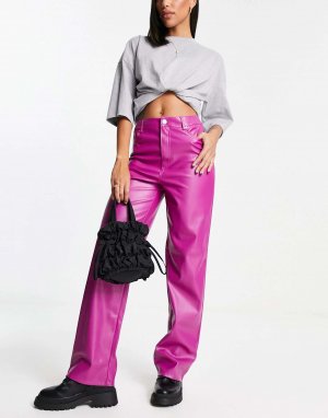 Розовые прямые брюки из искусственной кожи с завышенной талией Pimkie. Цвет: розовый