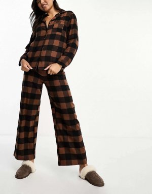 Комплект пижамных брюк из начесанного хлопка с длинными рукавами и пуговицами в клетку шоколадно-коричневого цвета Loungeable