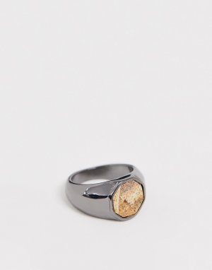Серебристое кольцо-печатка с золотистым камнем -Серебряный Icon Brand
