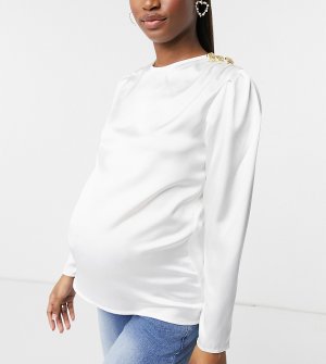 Атласная блузка цвета слоновой кости с золотистыми пуговицами -Белый Blume Maternity
