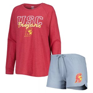 Женский комплект для сна с длинными рукавами и шортами реглан, футболка Concepts Sport Cardinal/серый USC Trojans Unbranded