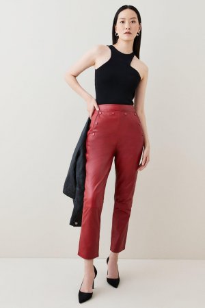 Кожаные брюки с пуговицами , красный Karen Millen