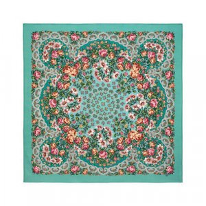 Платок ,125х125 см, голубой, розовый Павловопосадская платочная мануфактура. Цвет: бирюзовый