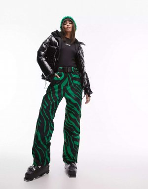Прямые лыжные брюки Sno зеленого цвета с зебровым принтом Topshop. Цвет: зеленый