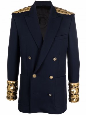 Двубортный пиджак с вышивкой Balmain. Цвет: синий