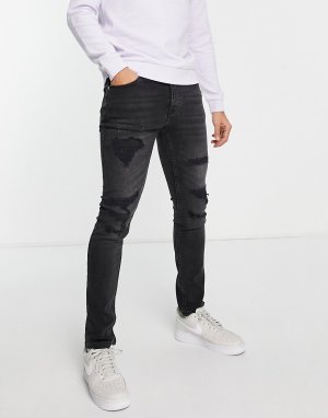 Зауженные джинсы выбеленного черного цвета со рваной отделкой и заплатками -Черный Topman