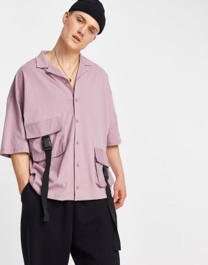 Рубашка из джерси на пуговицах с карманами в утилитарном стиле декоративными ремнями и принтом логотипа рукаве ASOS Unrvlld Spply-Фиолетовый цвет DESIGN