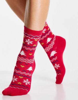 Красные хлопковые новогодние носки с узором Фэйр-Айл -Красный Jonathan Aston