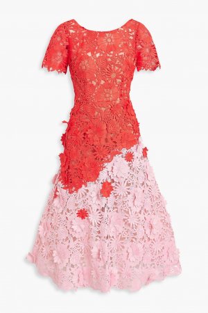 Двухцветное платье миди из гипюрового кружева MARCHESA NOTTE, красный Notte
