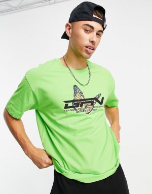 Зеленая oversized-футболка с принтом бабочки -Зеленый цвет Good For Nothing