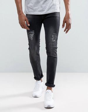 Черные выбеленные облегающие джинсы с рваной отделкой Sicko Just Junkies. Цвет: черный