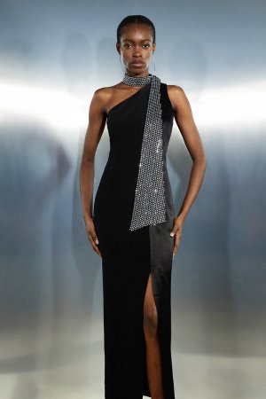 Миниатюрное платье миди из крепа со спинкой вискозного атласа и завязками , черный Karen Millen