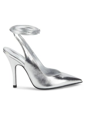 Кожаные туфли-лодочки с металлизированным ремешком на щиколотке , серебро The Attico