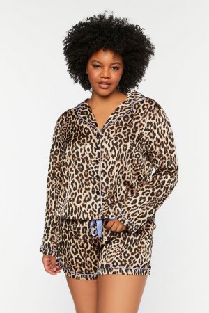 Пижамный комплект с леопардовой рубашкой и шортами больших размеров , коричневый Forever 21