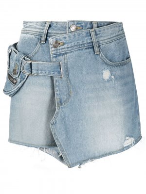 Джинсовые шорты с запахом и поясом SJYP. Цвет: синий
