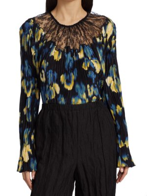 Плиссированная блузка с цветочным кружевом и вставкой , цвет Black Yellow Jason Wu Collection