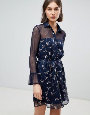 Платье-рубашка с цветочным принтом и полупрозрачными вставками -Синий Lavand