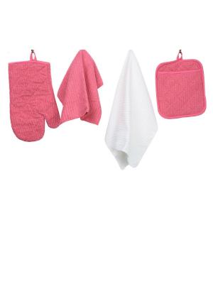 Набор кухонных принадлежностей из микрофибры: прихватка, рукавица, салфетка полотенце ТекСтиль для дома. Цвет: малиновый, белый
