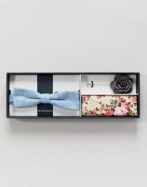 Комплект из галстука-бабочки, платка для нагрудного кармана и бутоньерки -Синий Peter Werth