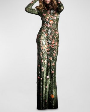 Платье с высоким вырезом и пайетками цветочной вышивкой Naeem Khan