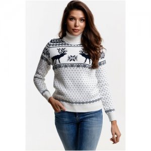 Шерстяной свитер, классический скандинавский орнамент с Оленями и снежинками, натуральная шерсть, белый цвет, синий орнамент, размер L AnyMalls. Цвет: белый