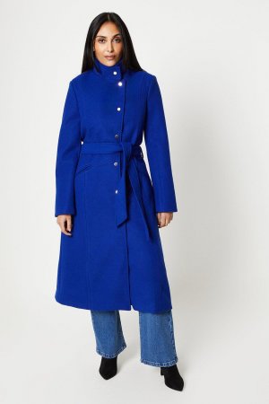 Пальто с запахом и поясом, воротником-воронкой пуговицами Petite , синий Wallis