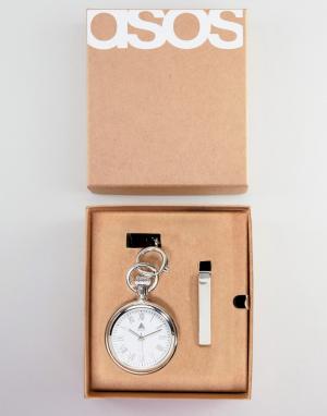 Подарочный набор с карманными часами и зажимом для галстука Wedding ASOS DESIGN. Цвет: серебряный