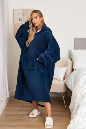 Длинное одеяло с капюшоном из флиса шерпы большого размера , синий Sienna
