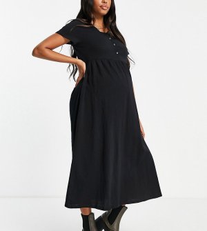 Черное платье миди в рубчик с короткими рукавами -Черный цвет Cotton:On Maternity