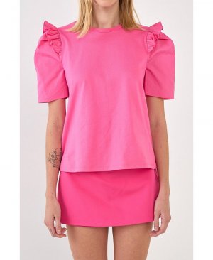 Женская мини-футболка с пышными рукавами и рюшами , цвет Hot pink English Factory