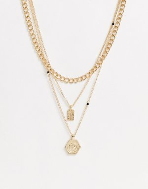 Золотистое многоярусное ожерелье-цепочка с подвесками -Золотой Pieces