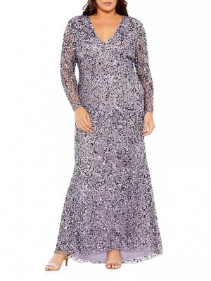 Платье больших размеров с V-образным вырезом и пайетками, длинными рукавами , цвет vintage lilac Mac Duggal