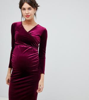 Бордовое бархатное платье с глубоким вырезом и длинными рукавами -Красный Bluebelle Maternity