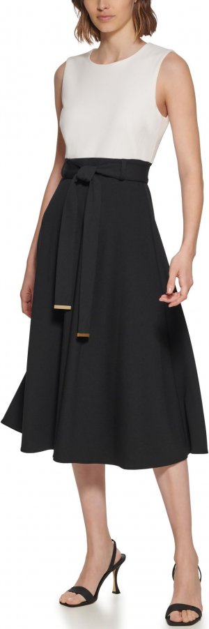 Двухцветное платье-трапеция миди с поясом , цвет White/Black Calvin Klein