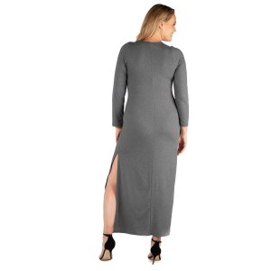 Плюс размер 24seven Comfort Apparel Приталенное платье макси с длинными рукавами и разрезом по бокам , черный