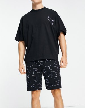 Пижамный комплект с футболкой и шортами черного цвета принтом зодиакальных созвездий -Черный цвет ASOS DESIGN