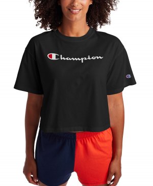 Женская свободная укороченная футболка с надписью и логотипом , черный Champion