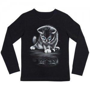 Лонгслив детский 342-01 Кошка с отражением, размер 152, черный, светится в темноте и ультрафиолете Dodogood. Цвет: черный