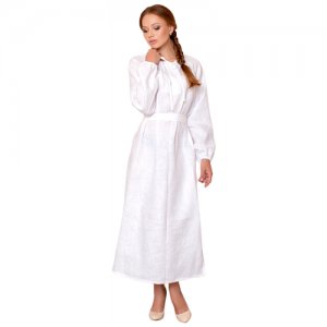 Платье женское летнее белое прямое с длинным рукавом домашнее славянская народная рубаха в русском бохо стиле оверсайз, 48-52 размер Славянские узоры. Цвет: белый