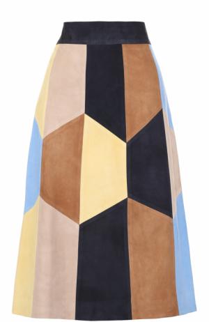 Замшевая юбка-миди с контрастной отделкой Yves Salomon. Цвет: разноцветный