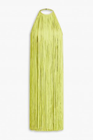 Платье с открытой спиной и бахромой на повязке воротником-халтер, шартрез Hervé Léger